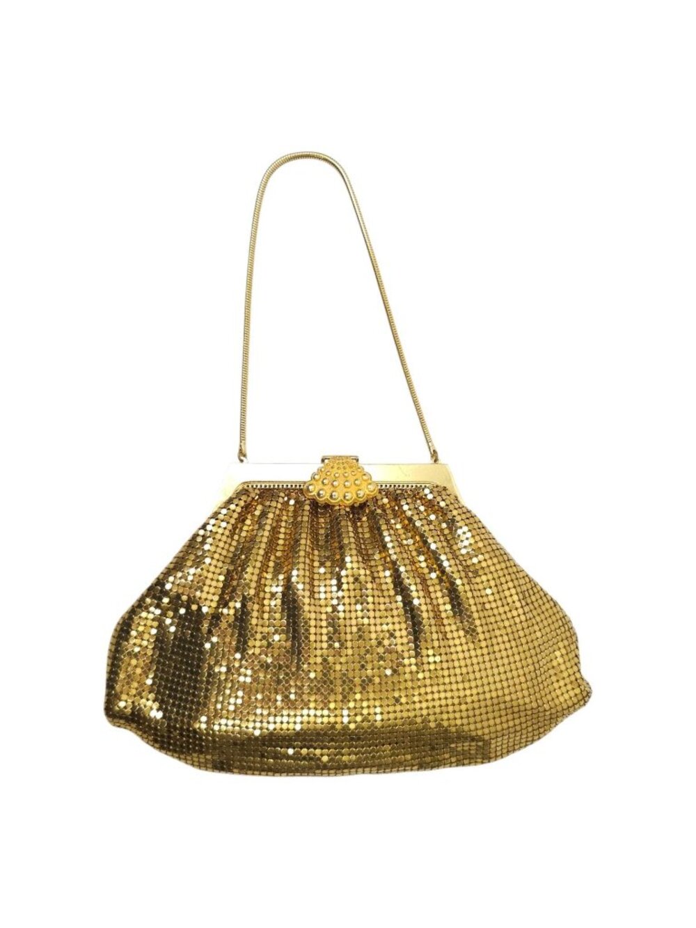 Vintage Whiting & Davis Gold Metal Mesh Evening Bag Purse Shell Clasp Chain Stra
